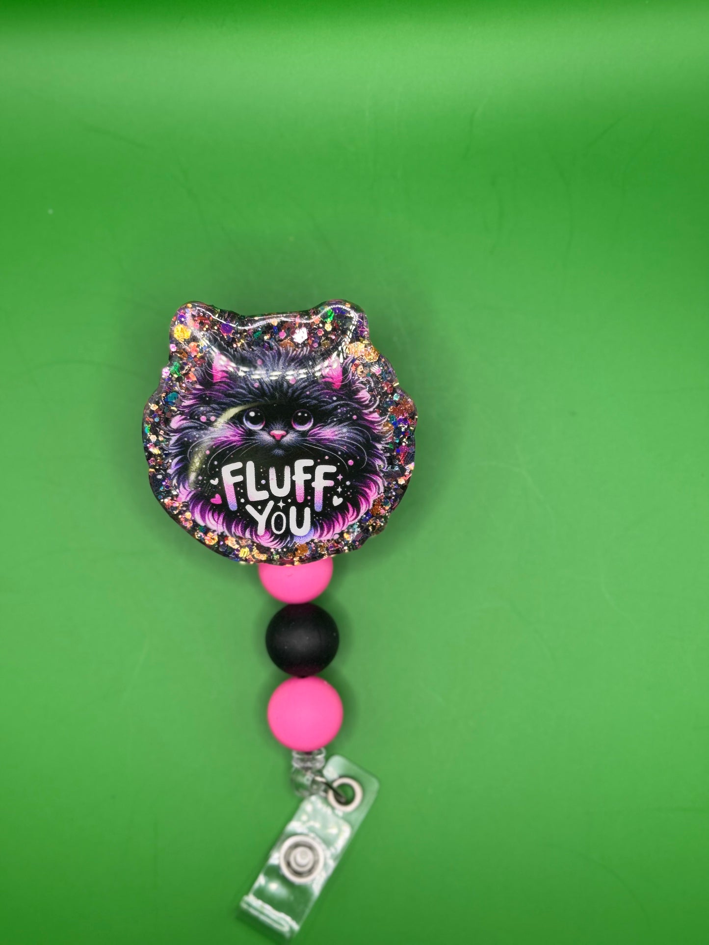 Black Cat “Fluff You” Badge Reel – Black & Pink Glitter with Beaded Lanyard