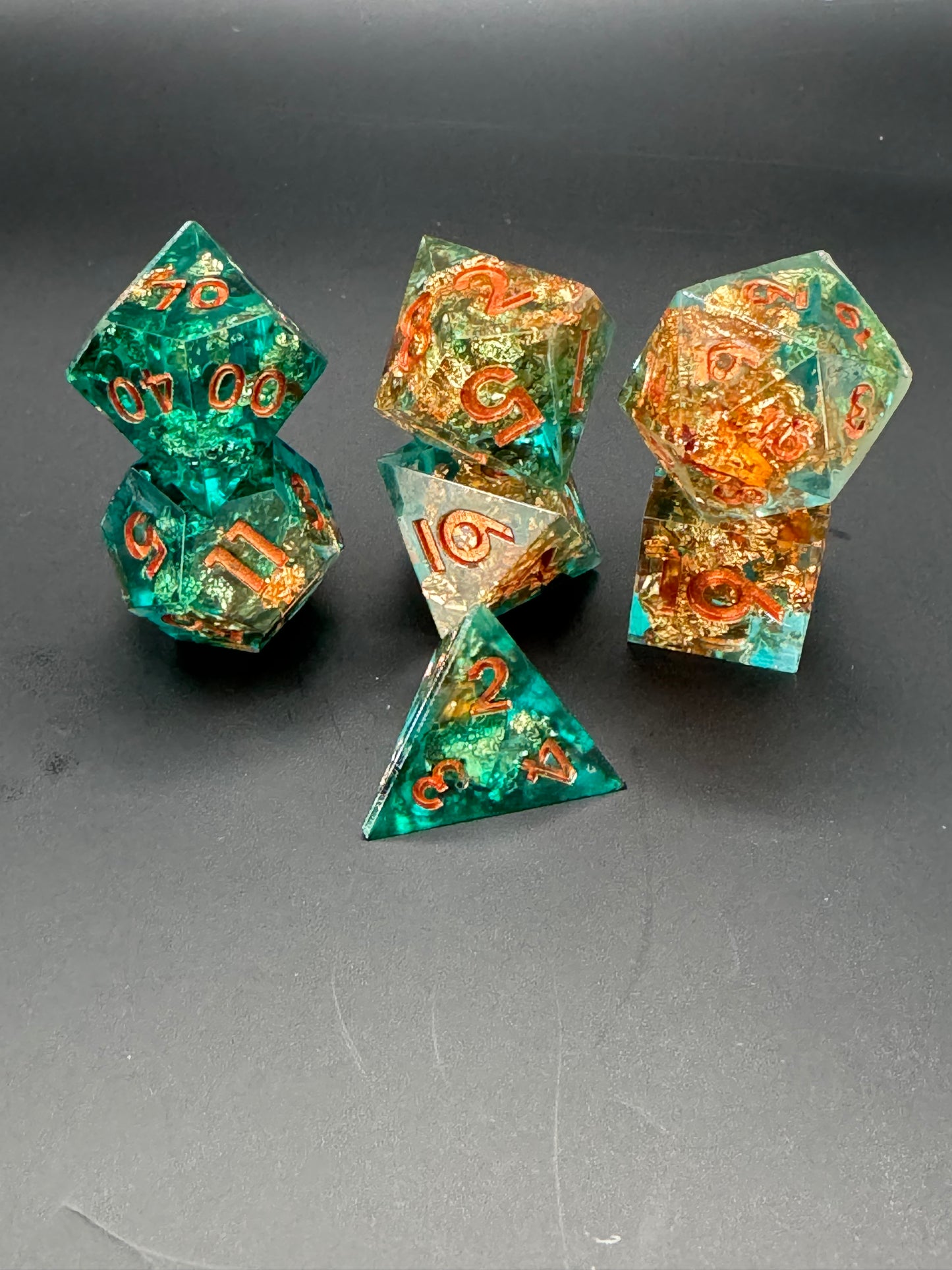 Verdigris Reliquary – Teal & Copper Polyhedral Dice Set