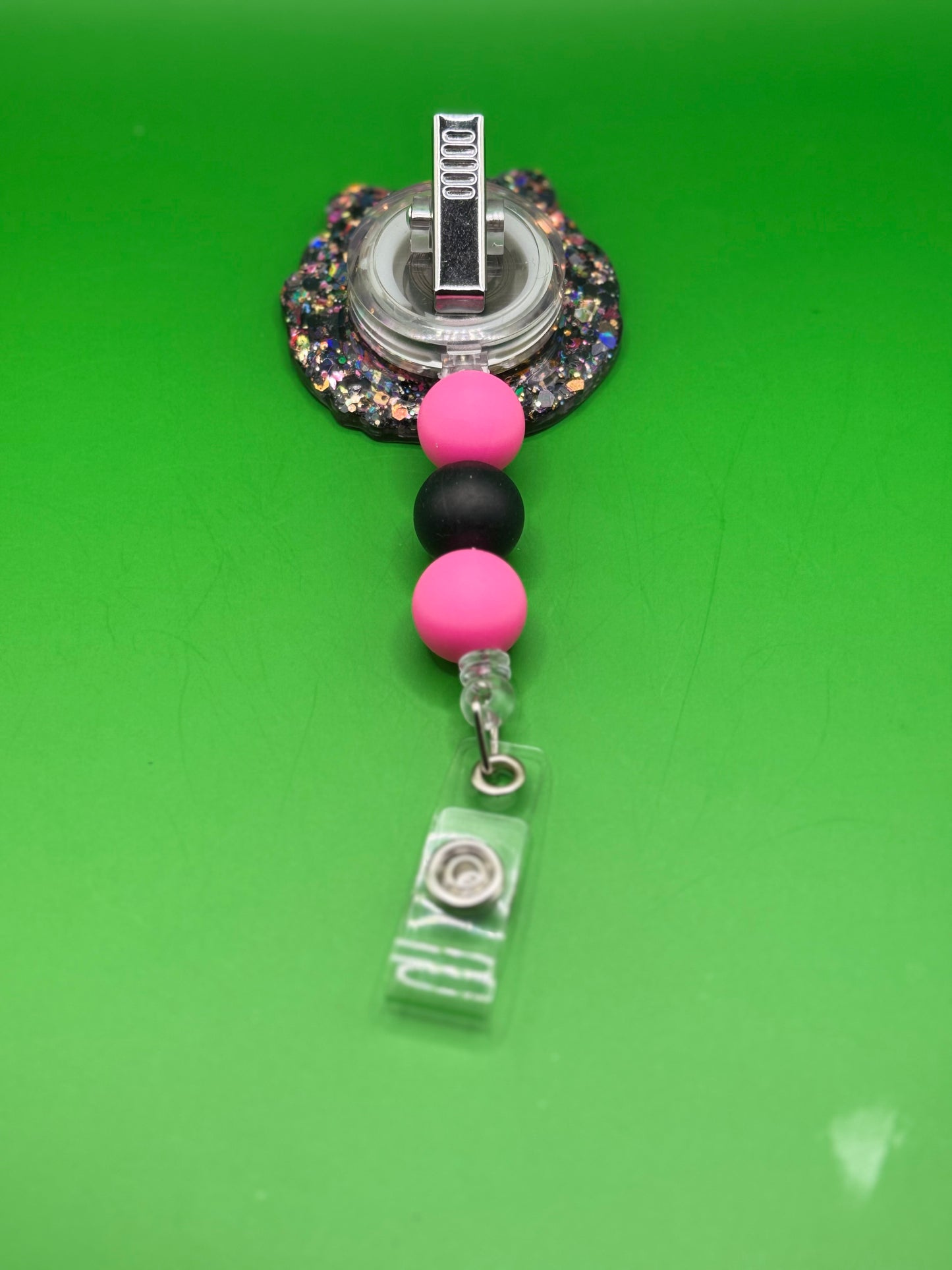 Black Cat “Fluff You” Badge Reel – Black & Pink Glitter with Beaded Lanyard