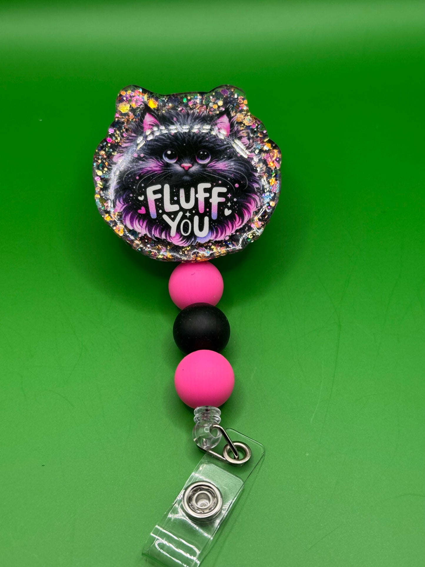 Black Cat “Fluff You” Badge Reel – Black & Pink Glitter with Beaded Lanyard