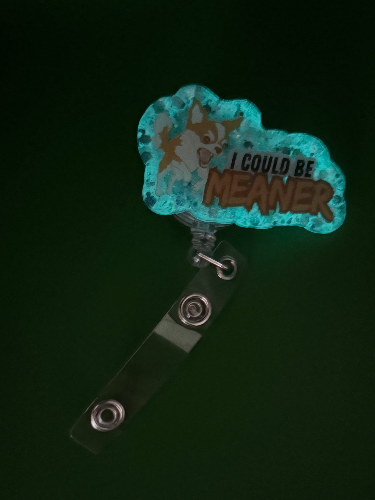 Angry Chihuahua “I Could Be Meaner” Badge Reel – Blue Glitter Glow-in-the-Dark