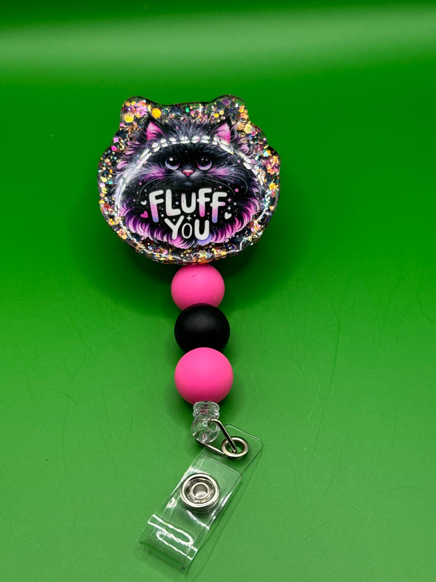 Black Cat “Fluff You” Badge Reel – Black & Pink Glitter with Beaded Lanyard