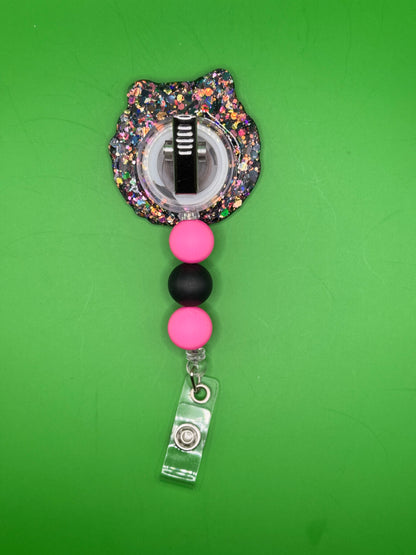 Black Cat “Fluff You” Badge Reel – Black & Pink Glitter with Beaded Lanyard