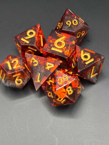 Obsidian Ember – Red Opal & Gold Flake Dice Set