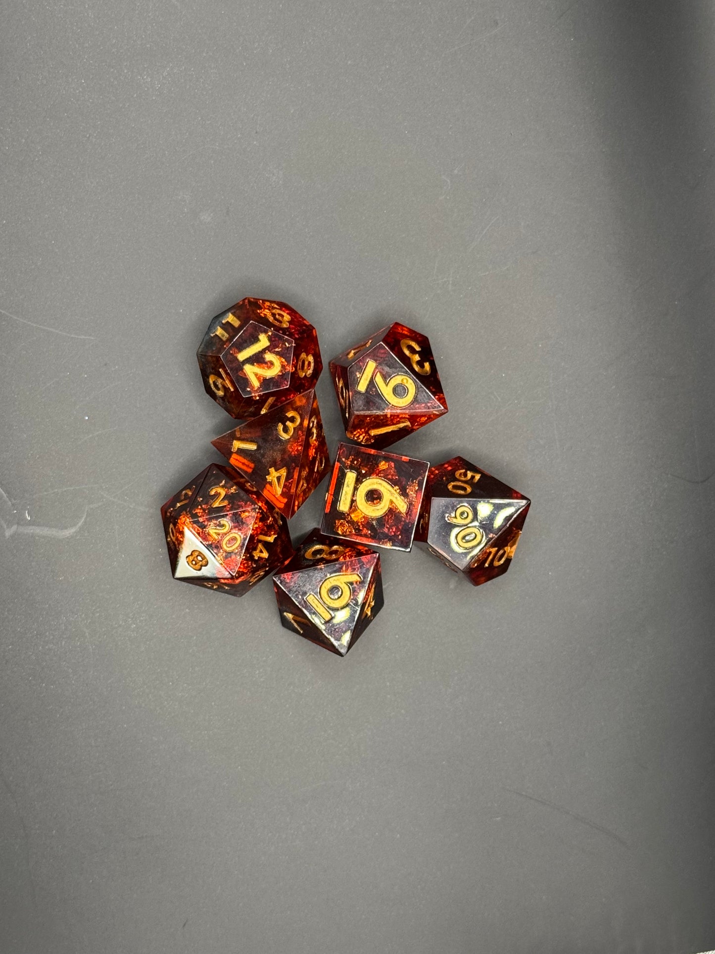 Obsidian Ember – Red Opal & Gold Flake Dice Set