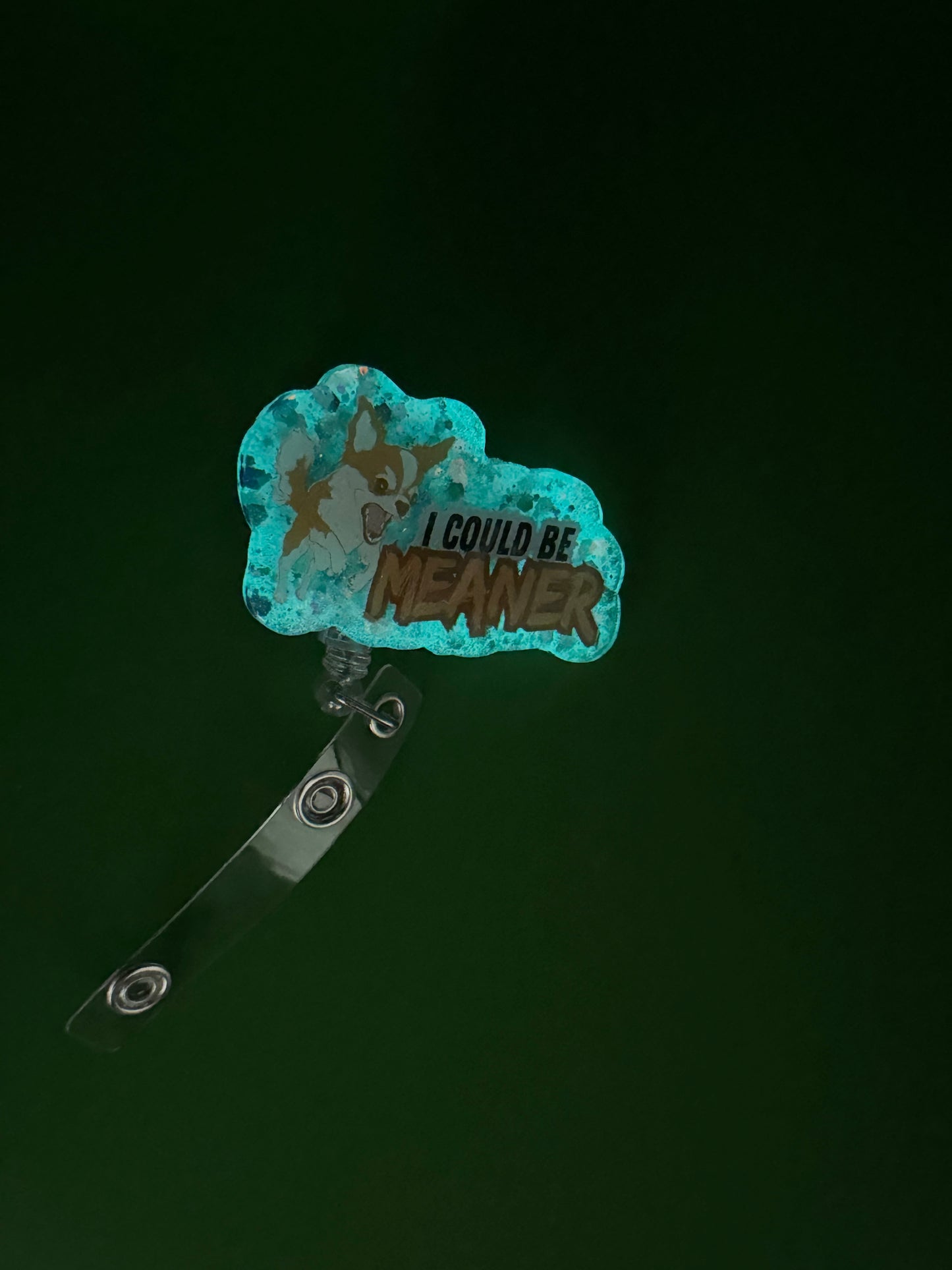 Angry Chihuahua “I Could Be Meaner” Badge Reel – Blue Glitter Glow-in-the-Dark