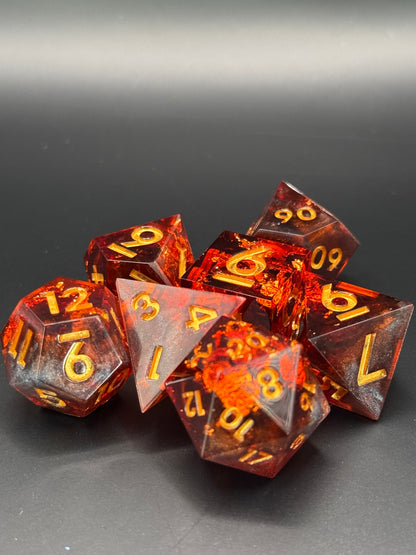 Obsidian Ember – Red Opal & Gold Flake Dice Set