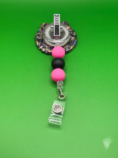 Black Cat “Fluff You” Badge Reel – Black & Pink Glitter with Beaded Lanyard