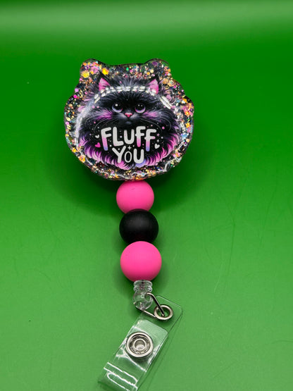 Black Cat “Fluff You” Badge Reel – Black & Pink Glitter with Beaded Lanyard