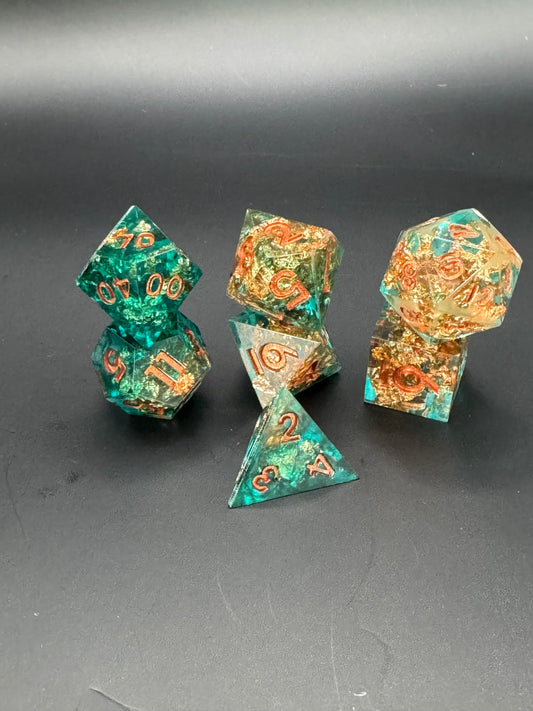 Verdigris Reliquary – Teal & Copper Polyhedral Dice Set