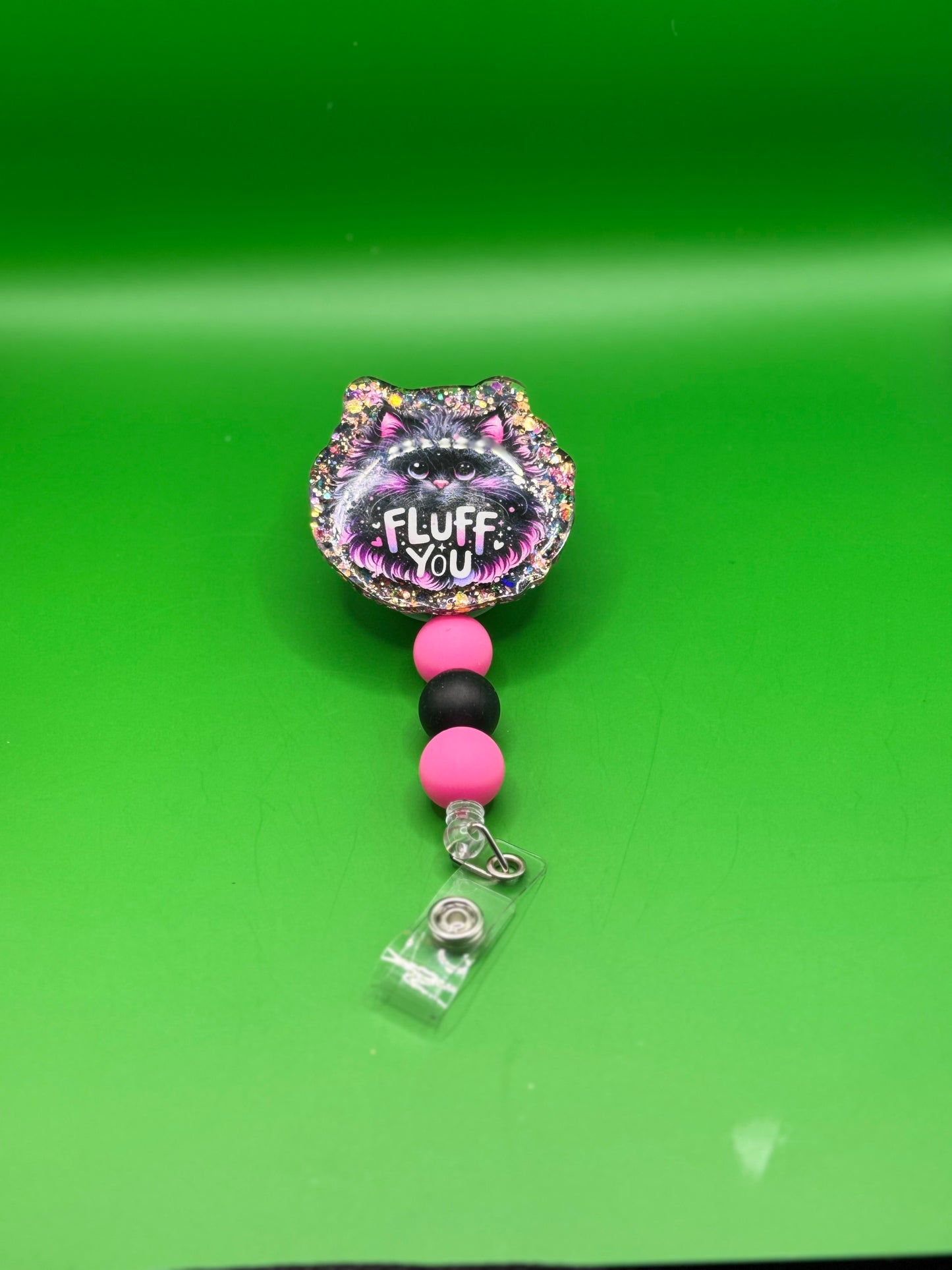 Black Cat “Fluff You” Badge Reel – Black & Pink Glitter with Beaded Lanyard