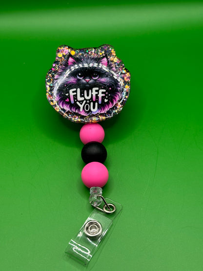 Black Cat “Fluff You” Badge Reel – Black & Pink Glitter with Beaded Lanyard