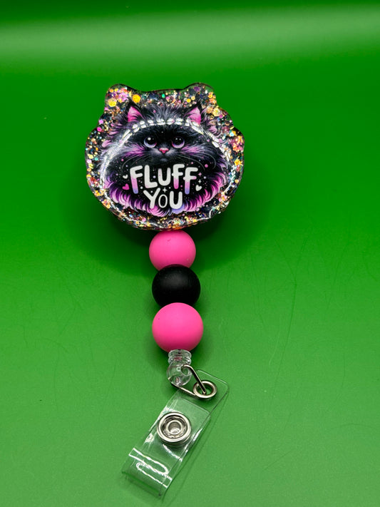 Black Cat “Fluff You” Badge Reel – Black & Pink Glitter with Beaded Lanyard