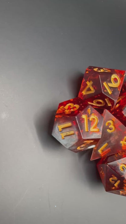 Obsidian Ember – Red Opal & Gold Flake Dice Set